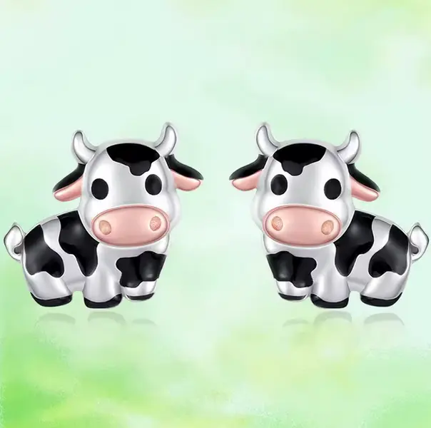 Silver Plated Cute Little Cow/Blue Heart Penguin Stud Earrings