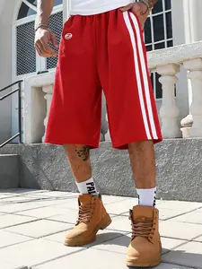 1 Pack Men's 3/4 Length Capri Pants Casual Athletic Loose Fit Double White Side Stripes Elastic Waist for Men Daily Sports Streetwear Outdoor Activities