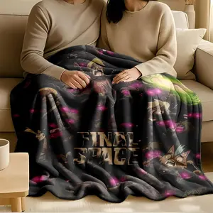 1 piece Still from the animation "Final Space" themed flannel blanket - Oversized fluffy flannel sofa blanket, suitable for beds and sofas, modern design, all-season use, digitally printed pattern, 100% polyester material, machine washable