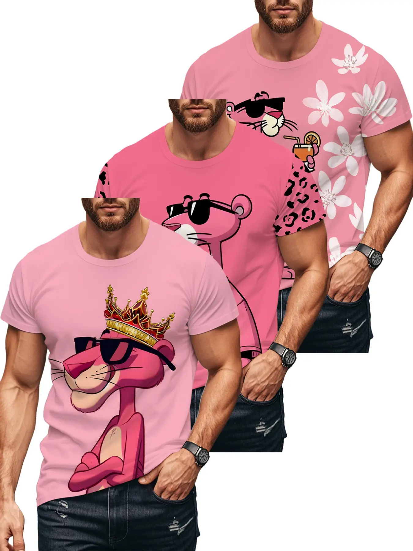 Men's Panther Fun Print T-Shirt Set, Cartoon Trendy Short Sleeve Top, Fashion Comfort Design, Perfect Daily Wear, Ideal Gift Choice