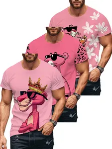 Men's Panther Fun Print T-Shirt Set, Cartoon Trendy Short Sleeve Top, Fashion Comfort Design, Perfect Daily Wear, Ideal Gift Choice