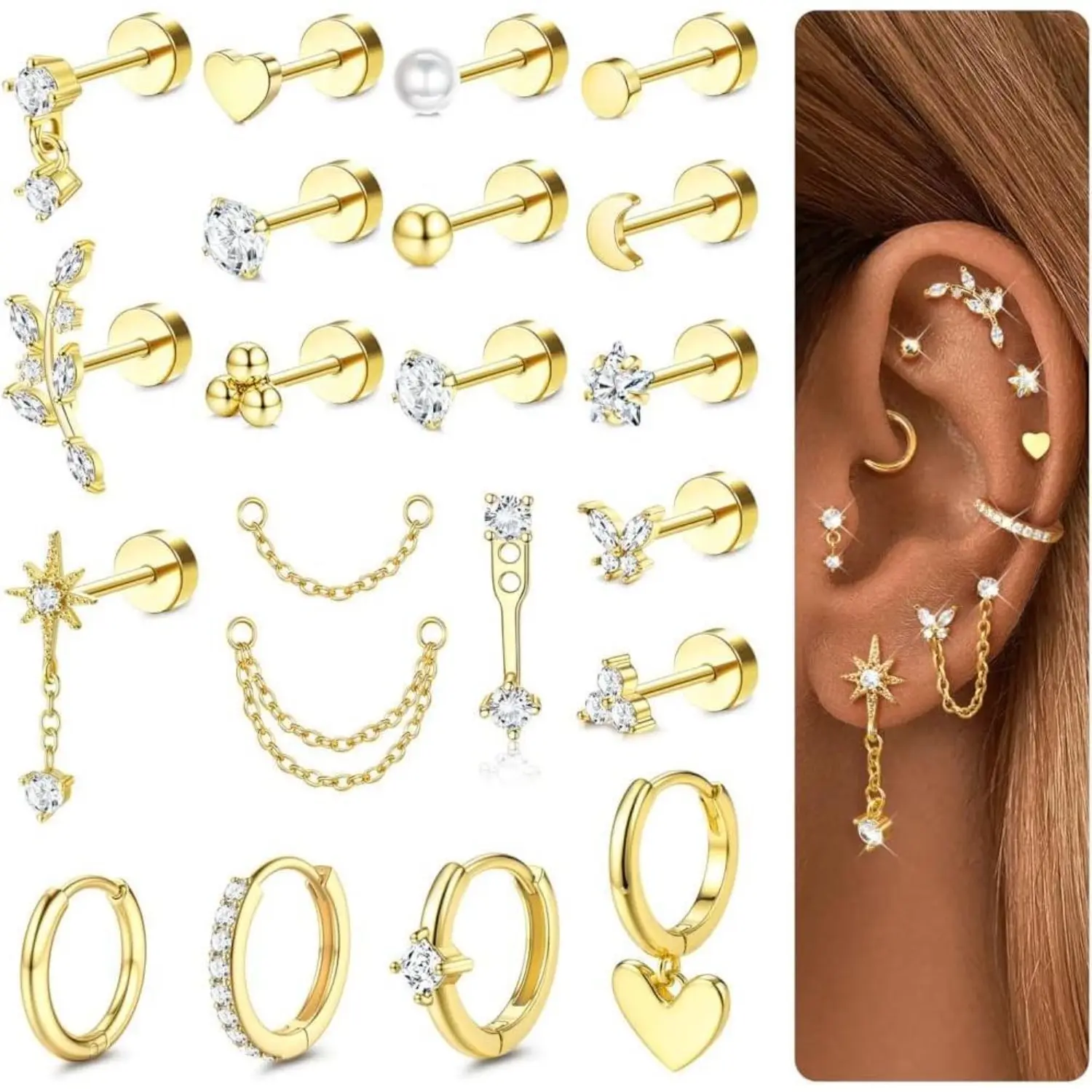 YADOCA 21Pcs Surgical Steel Safe Female Piercing Ear Jewelry Set - Gold & Silver Mix Coated Hoops, Stud Set, Dainty Fashion Jewelry for Cartilage, Tragus, Piercing Stack