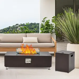 GARVEE 48" Outdoor Fire Table, 48 inch Rectangle Propane Gas Fire Pit Table, 50,000 BTU Modern Firepit with 16 inch Tank Cover Side Table, Wind Guard, Fire Glass, Rain Cover