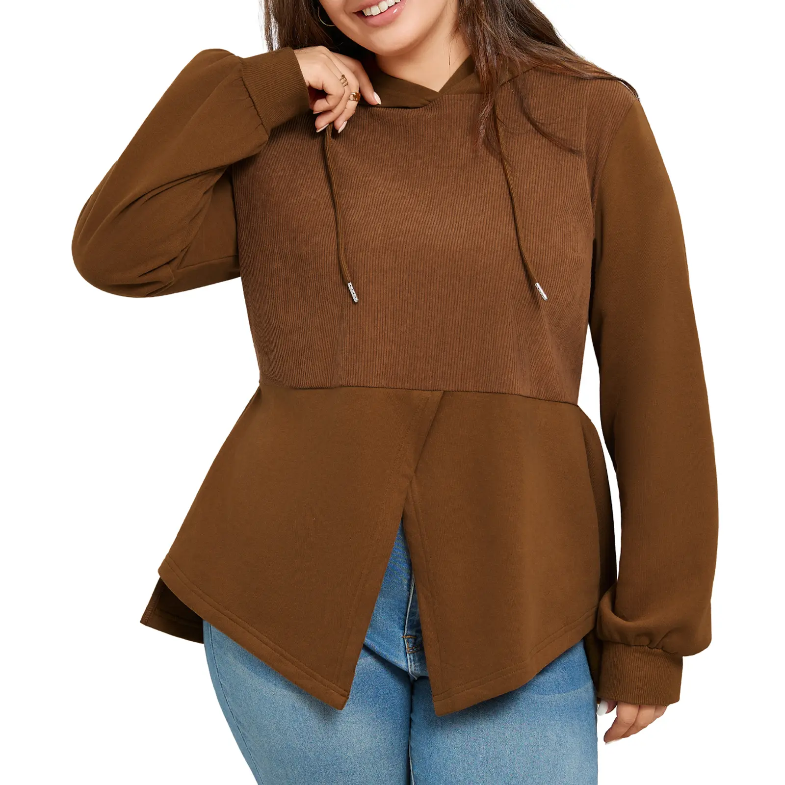 Eytino Womens Plus Size Brushed Patchwork Long Sleeve Drawstring Hooded Split Hem Top Casual Oversized Hoodie (1X-5X)