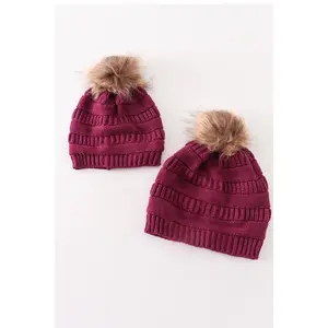 Violet pompom cable beanie hat