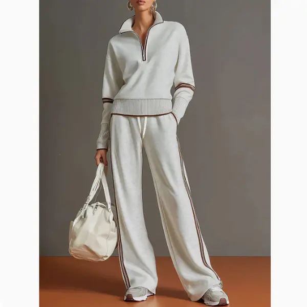 Women Fall Striped Trim Half Zip Collared 2 Piece Outfit, Long Sleeve Knit Pullover & High Waist Drawstring Wide Leg Pants, Casual Loungewear Tracksuit for Daily Wear Light Womenswear