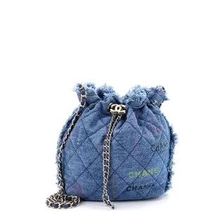 Pre-owned CHANEL material Bucket Bags Denim Mood Chain Bucket Bag Logo Printed Quilted Fringe Denim Medium by Rebag