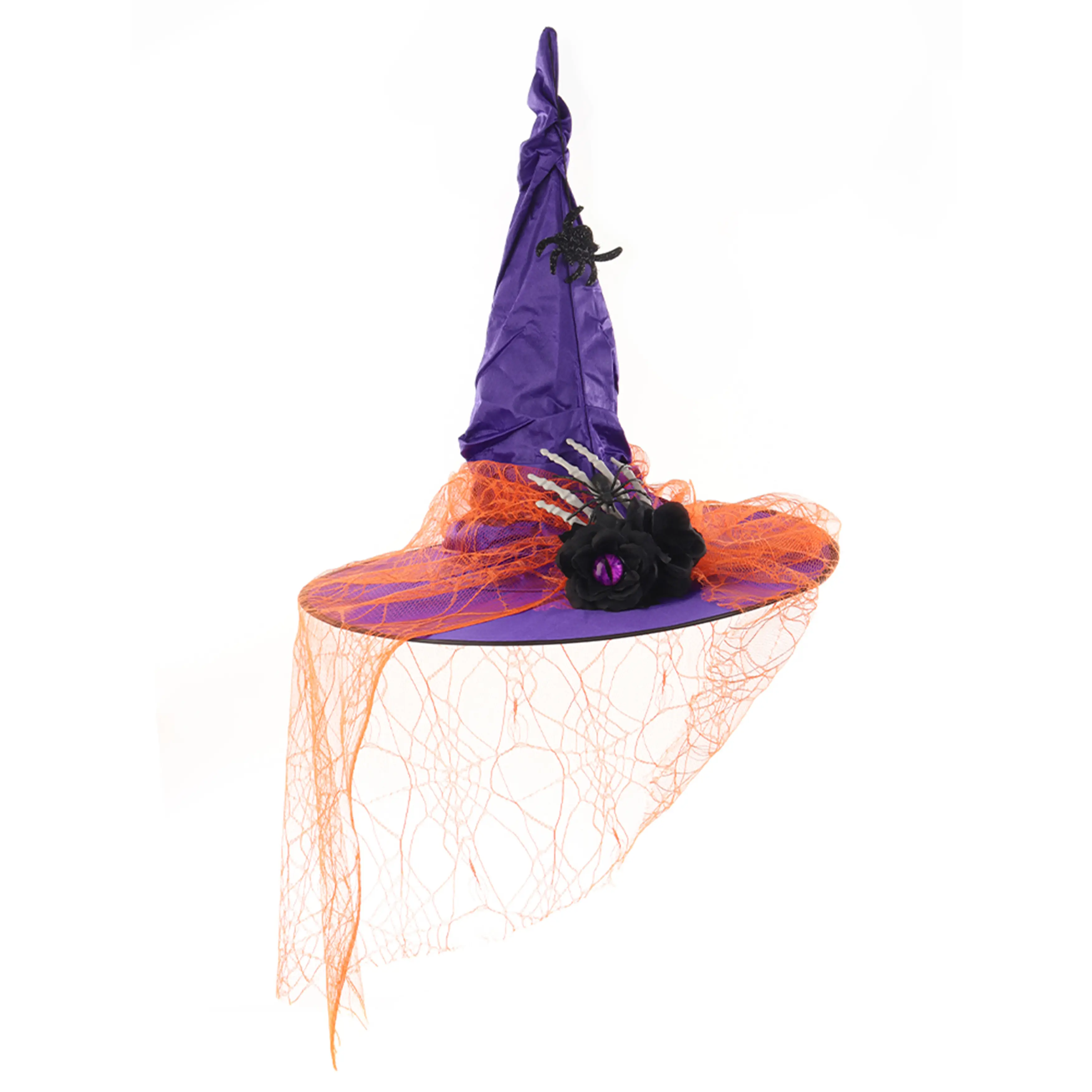 Bendable Twisted Witch Hat – Gothic Floral, Spider & Skeleton Accents with Mesh Veil, Adjustable Fit for Halloween Costume