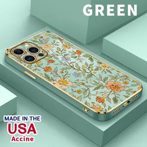 Case for iPhone 15 Pro Max 16 14 Plus 13 12 11 X XS Max XR Artistic Flower Garden Luxury Golden Edge Elecroplated TPU Camera Lens Protection Mobile Phone Cover Gift for