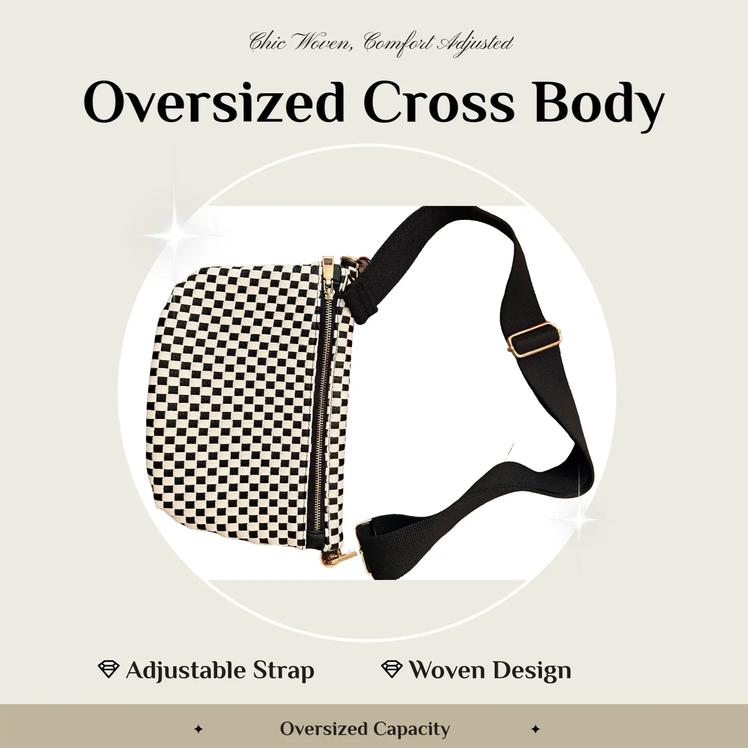 Women's Woven Crossbody Bag - Casual Oversized Shoulder Purse with Adjustable Strap, Plain Design, Zip Closure, Daily Use Purse