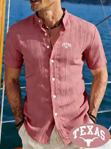 Men's Casual Stand Collar Shirt, Texas Longhorn Print, Lightweight Breathable Fabric, Western Style, Daily Wear, Urban Streetwear, Outdoor Activities