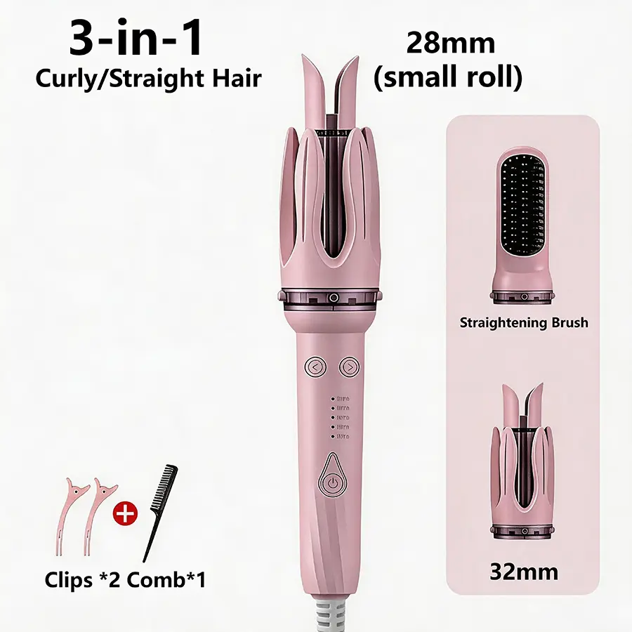 3-in-1 automatic curling and straightening set, equipped with 28mm and 32mm big wave fully automatic rotating curls, comes with free hair clips and a comb, perfect for beauty salon use