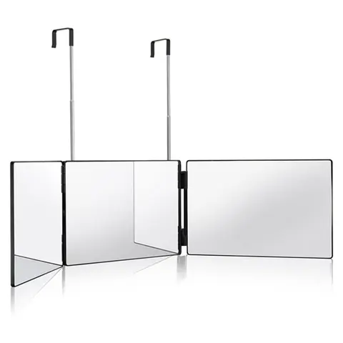 HIEEY 3 Way Mirror for Hair Cutting,360 Trifold Mirror with Height Adjustable Telescoping Hooks, Tri Folding Mirror, Three Fold Mirror, and 5X Magnification Mirror,for Makeup, Hair Styling, Adjustable Vanity Mirror, Movable Mirror