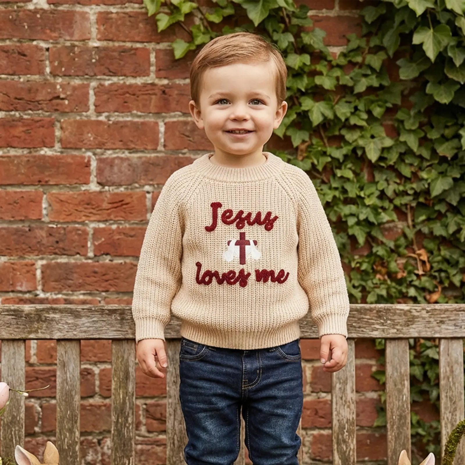 Toddler Baby Boy Easter Sweater Cross Letter Embroidered Long Sleeve Crewneck Knit Tops for Spring Fall