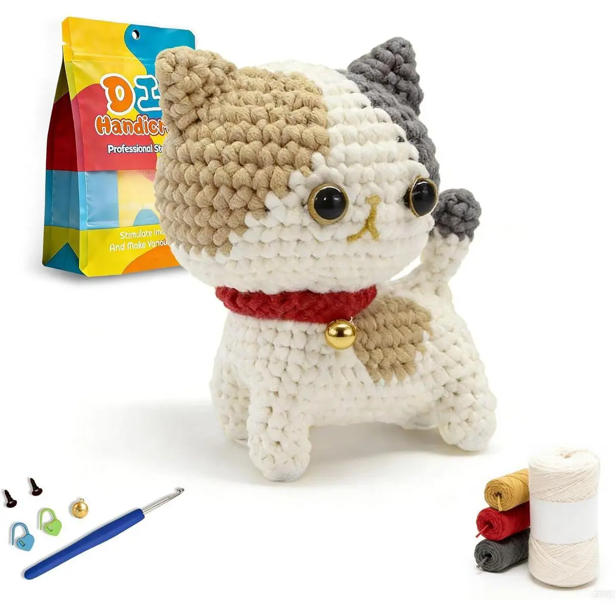 Beginners Cute Three Color Bell Cat Crochet Kit for Adults, Easy Small Yarn Knitting Starter Animal Kit for Teens