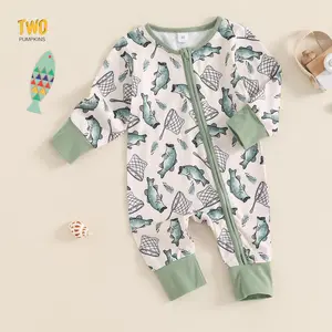 Newborn Baby Boy Girl Fishing Outfit Long Sleeve Zipper Fish Print Romper Jumpsuit Infant Coming Home Clothes