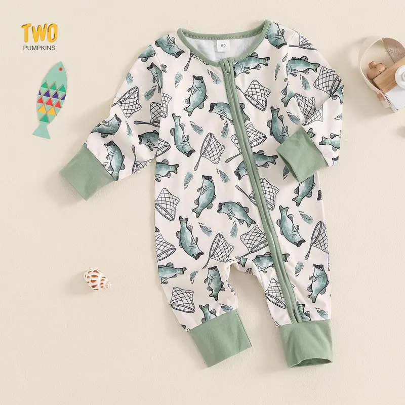 Newborn Baby Boy Girl Fishing Outfit Long Sleeve Zipper Fish Print Romper Jumpsuit Infant Coming Home Clothes