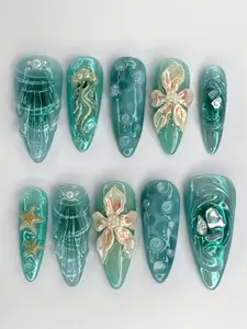 DEEP SEA DREAM | 3D Jellyfish Press On Nails | Teal Ocean Mermaid Fake Nails | Iridescent Seashell & Starfish Aesthetic | Custom Handmade Stiletto Set 2026
