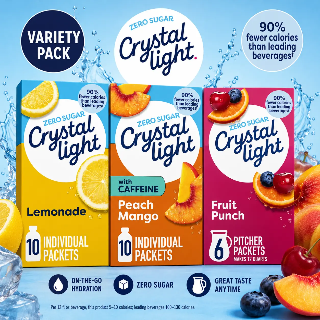 Crystal Light Variety Pack Beverage Drink Mix - Lemonade, Peach Mango with Caffeine, Fruit Punch - 0 Sugar, Low Calorie Powdered Mix (26 Total Packets: 20 On-the-Go, 6 Pitcher Packets)