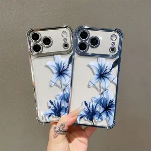Blue Lily Flower Electroplated 4-Corner Airbag Shockproof TPU Smartphone Casing, Transparent Protector Cover for iPhone 11/12/13/14/15/16/17 Pro Max Cellphone Accessories