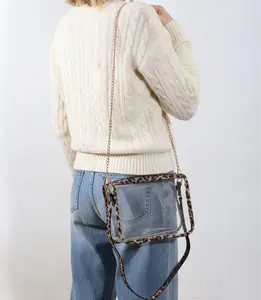 CLEAR STADIUM WITH BOTH CHAIN & FABRIC STRAP HANDBAG | TRIM IN LEOPARD PRINT OR GOLD