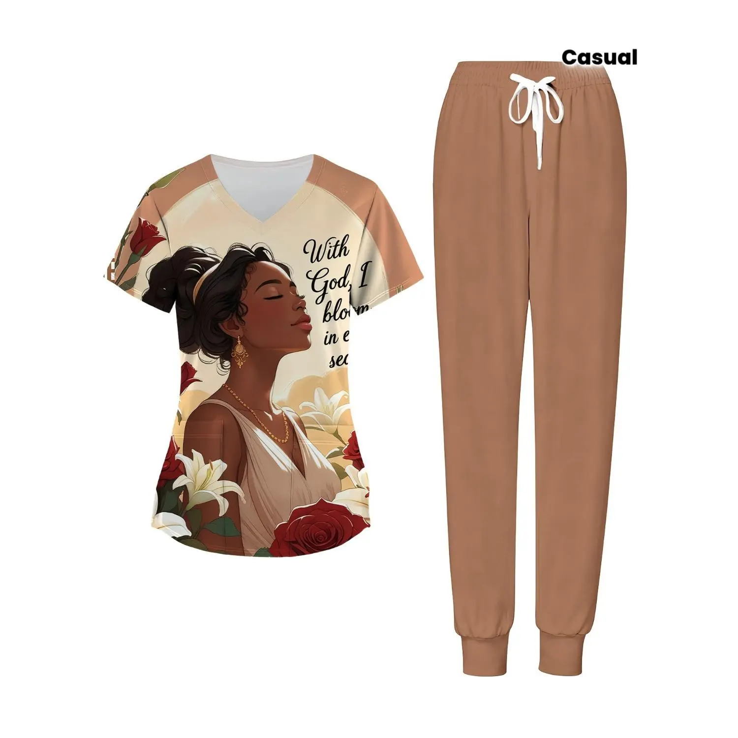 Women's Nurse Uniform Set - "God I Bloom In Excellence" V-Neck Scrub Top and Pants with Pockets, Black History Month Casual Outfit