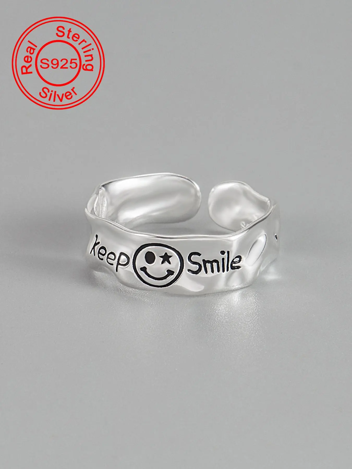 925 Sterling Silver Adjustable Smile Face Design Cuff Ring, Fashion Stackable Rings, Fashion Jewelry Accessories for Women & Girls, Trendy All-match & Exquisite Jewelry for Birthday Gift