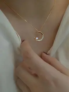 Women's Elegant Crescent Moon & Star Pendant Necklace, Sparkling Design, Zirconia Inlaid, Copper Material, Daily Wear & Gift