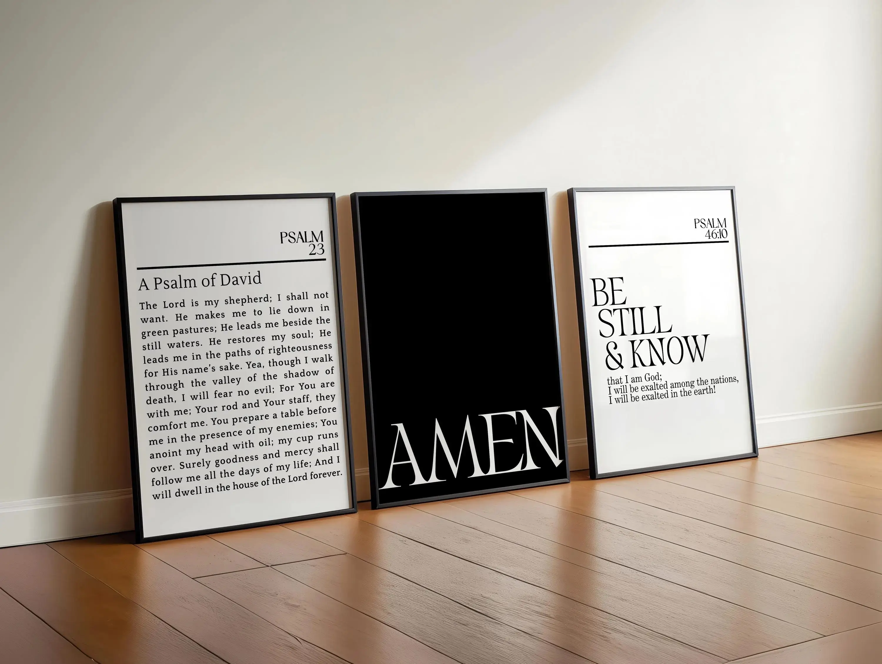 Modern Christian Set Prints, Set of 3 Faith Printable, Bible Verse Wall Decor, Neutral Scripture Poster, Amen, Psalm 23, 46:10 Art