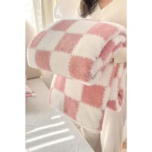 Pink Checkered Fluffy Coral Fleece Blanket