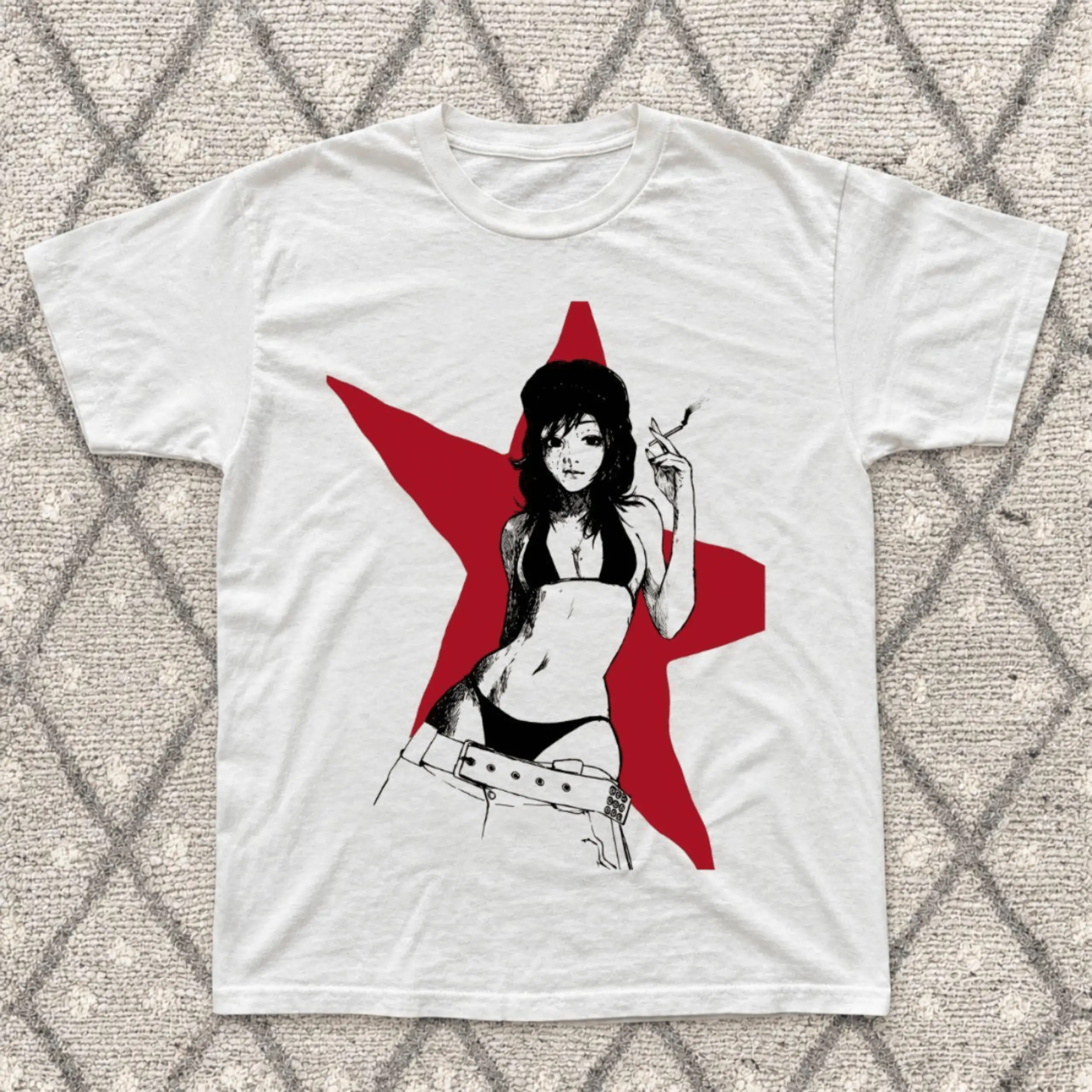 Cyberpunk Red Star Vintage Tee, Anime Girl T-Shirt, Goods Graphic Tee, Aesthetic Shirt, Gothic Grunge Y2k Emo Scene Amity Affliction Style Clothes, Unisex Trendy Otaku Gift Shirt Top Menswear Womenswear Streetwear