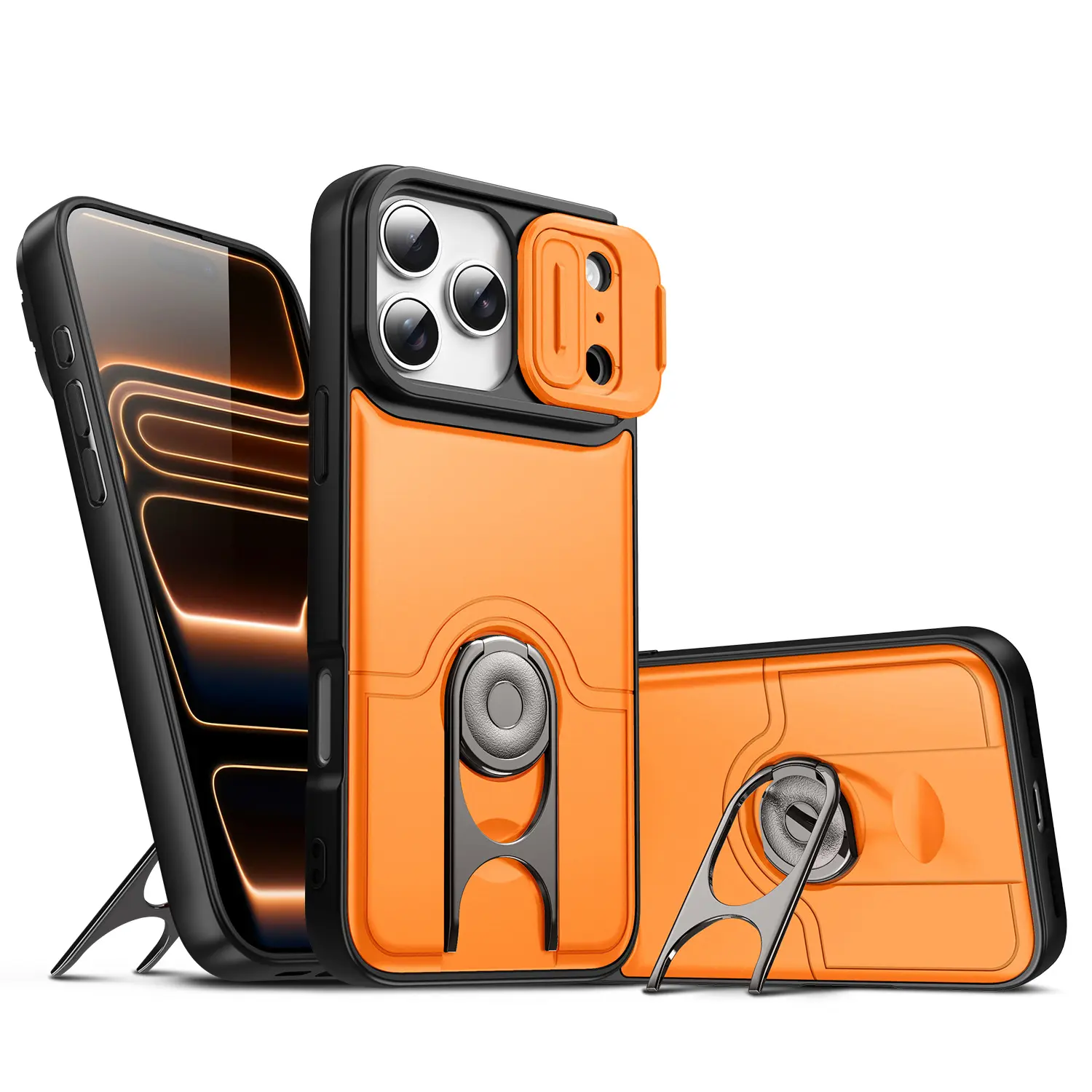 iPhone 17/16/15/14/13 Metal Protective Case - Shockproof Full-Body Durable Cover, Hidden 2-in-1 Rotating Zinc Alloy Adjustable Stand, 360° Magnetic Ring Holder for Landscape Viewing, Easy Installation, Orange, Accessories, Durable Protector