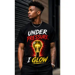 Men's Oversized Ribbed Fabric Layer Tee - Under Pressure I Glow Lightbulb Graphic Print, Inspirational Typography