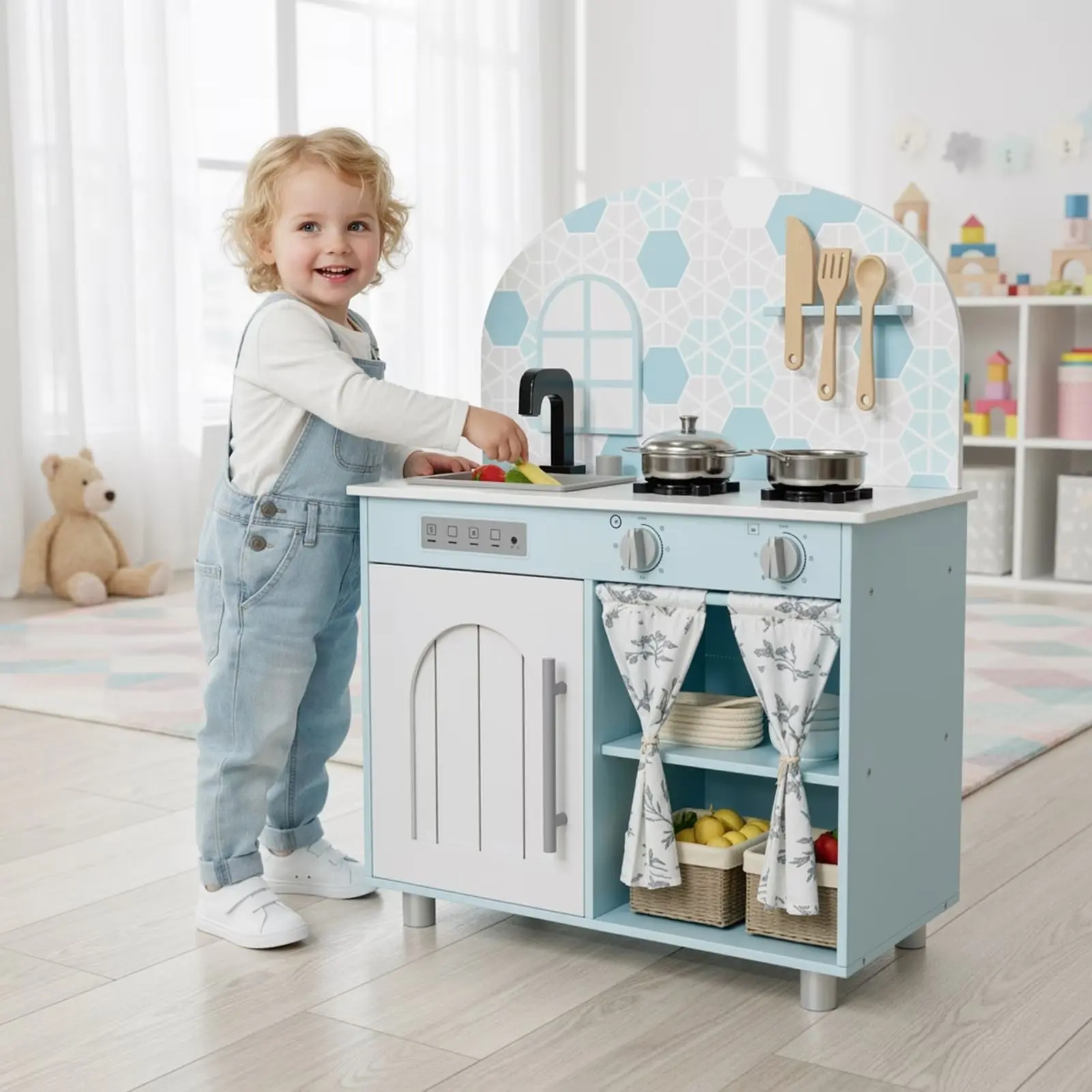 MAMIZO Wooden Play Kitchen Set for Kids, Realistic Pretend Toy Playset with Clicking Knobs, Removable Sink, Curtained Cabinet, Cookware Accessories, Perfect Christmas Gift for Toddler