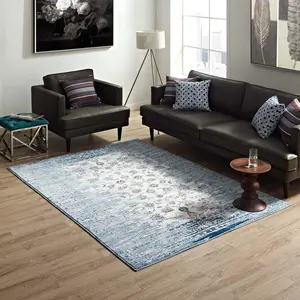 Modway Chiara Distressed Floral Lattice Contemporary 5x8 Area Rug in Moroccan Blue and Ivory