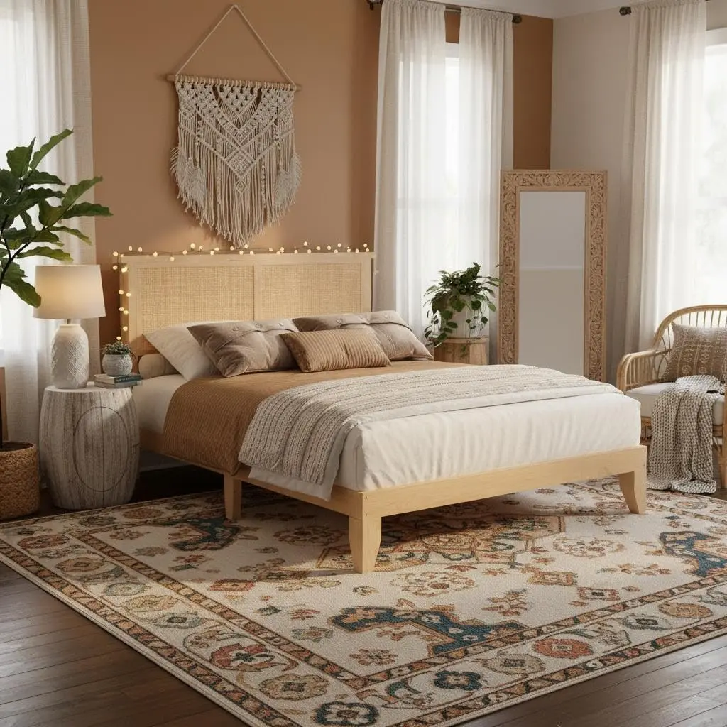 Rattan Bed Frame Full/Queen with Natural Rattan Headboard,Queen Bed Frame with LED Lights,Rattan Queen Bed Frame with Headboard,Solid Wood Foundation with Silent Slats,No Box Spring Needed