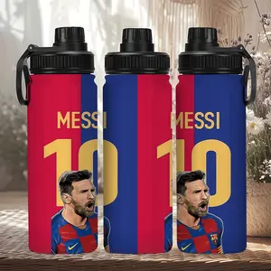 1pc 20oz thermos cup with MESSI No. 10 shirt, red and blue color cup with gold Messi and number 10, Messi cartoon image and Miami International jersey, black textured screw cap with black plastic button on the side, Messi football star theme thermos cup
