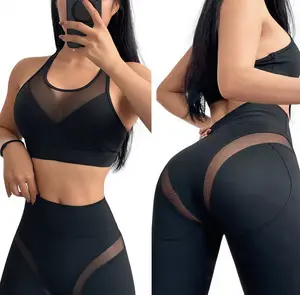2 Piece Women Yoga Set High Waist Scrunch Leggings Mesh Sports Bra Workout Outfit