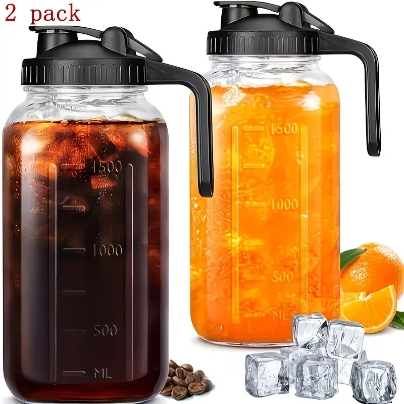 2 Pcs Large 64 Oz Glass Jars with Lids, Leak-Proof Milk Containers for Refrigerator, Leakproof Container, Easy-Clean Wide Mouth Water Bottles for Juice, Tea, Iced Coffee & Drinks, Perfect for Daily Use, Clear Glass Containers