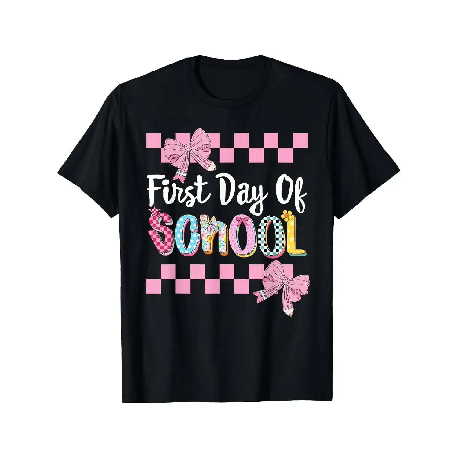 First Day of School Cotton T-shirt Cute Back to School Outfit with Pink Bow Pencil Print Comfortable Round Neck Casual Top for Educators Machine Washable Black T-shirt with Heart Cut Retro Short Sleeve T-shirt with a Round Neck