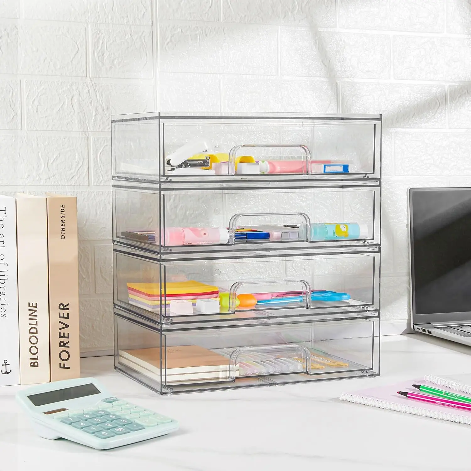2/ 3/ 4 Pack Table and Drawer Storage, Clear Stackable Storage Drawers, Office Storage and Organization, Acrylic Plastic Organizers Bins for Desk Organization, Desk & Drawer Organizer for Home Storage