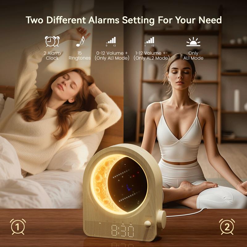 Blonbar Meteor Alarm Clock for Heavy Sleeper, 10 Sleep Sounds, Dual Alarm, Backlit buttons, Smart Wake Up Light with Sunrise ,Dimming Moon Lamp, Ideal gift