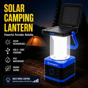Westinghouse 1000 Lumen Solar Rechargeable LED Lantern with 5 Light Modes USB Charging & Power Bank IPX4 Waterproof Handheld Flashlight for Camping Hiking Emergency Use summergarden