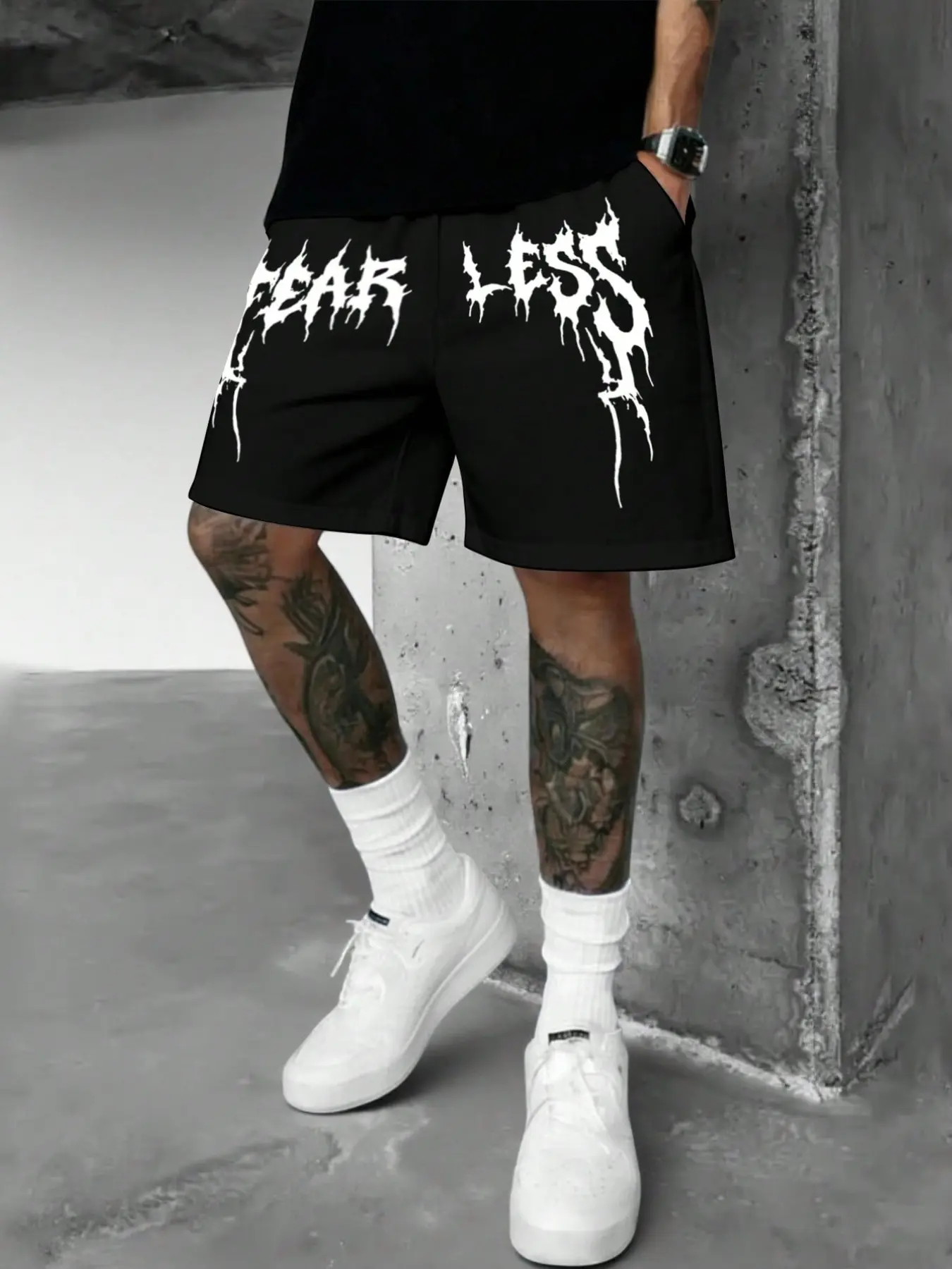 Opium Style "FEARLESS" Metal Graphic Mesh Shorts for Men | Y2K Gothic Grunge Streetwear Baggy Shorts | Summer Casual Dark Aesthetic Shorts for Skateboard & Rave Outfits | Breathable Comfort | Breathable Fitness Shorts | Casual Fitted Shorts