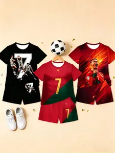 Boys' Ronaldo Portugal Theme Sport Set, Sports Suit, 7-Number Star Short Sleeve Shorts, Soccer Shorts, Fashion Outdoor Sports, Birthday Gift, Holiday Gift