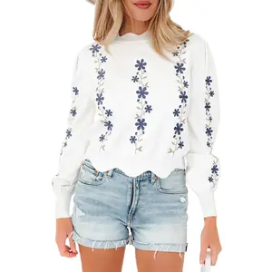 Asvivid Women Floral Embroidered Cropped Sweater Scallop Hem Long Sleeve Knit Pullover Vintage Fall Casual Top Womenswear Knitwear Chic Style