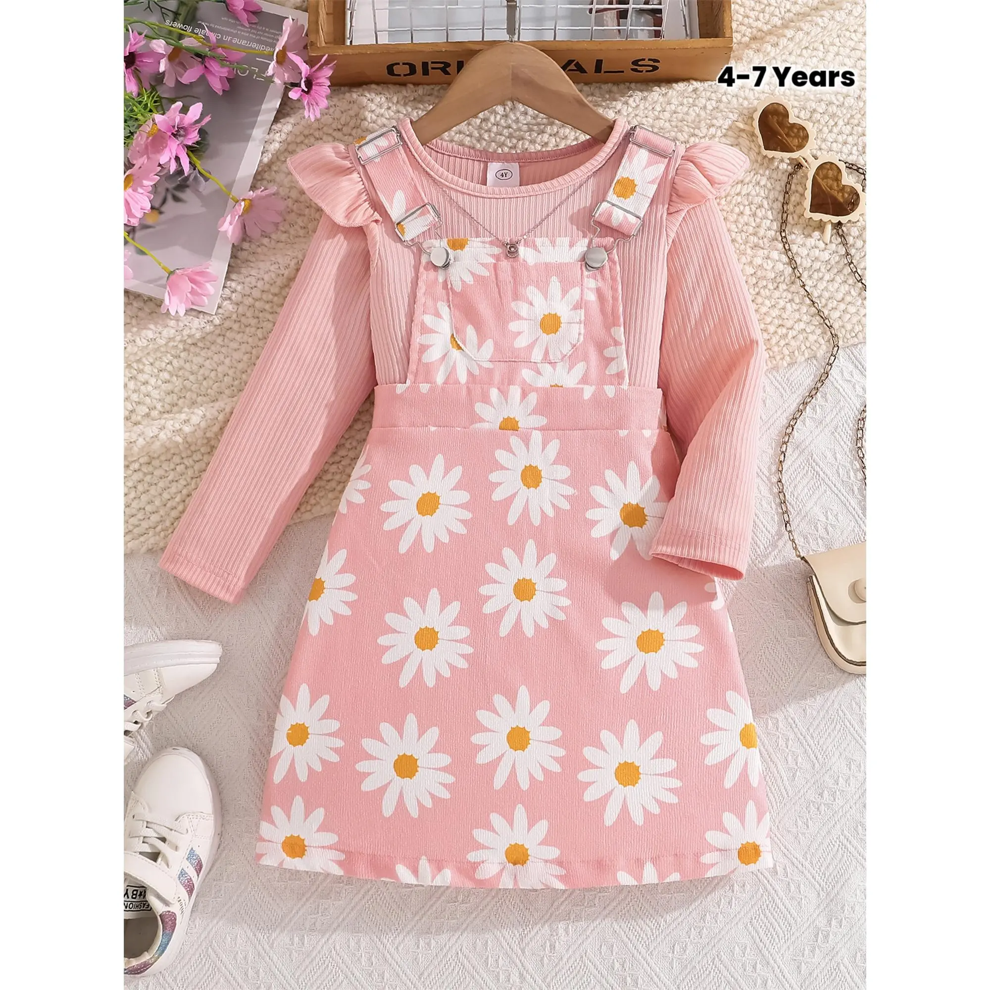 Middle and older girls' outfit: Pink daisy suspender skirt set, new ribbed long-sleeve top + ruffled printed suspender skirt two-piece set