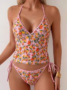 Women's Lemon Print 2pc Beachwear Set - Adjustable Camisole & Bikini - Summer Vacation Swimsuit
