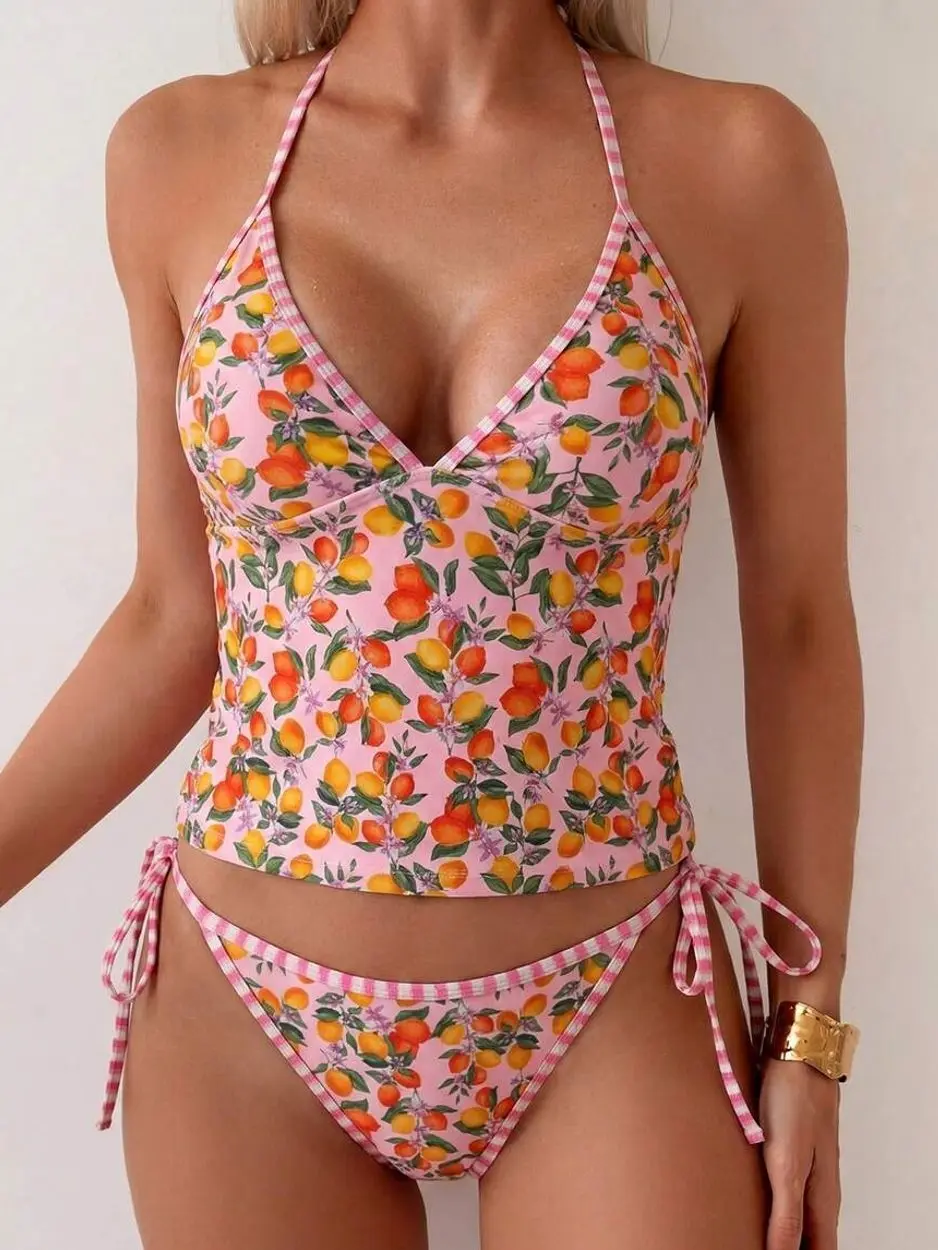Women's Lemon Print 2pc Beachwear Set - Adjustable Camisole & Bikini - Summer Vacation Swimsuit