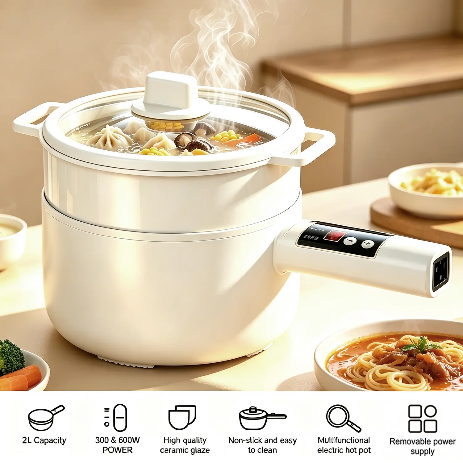 2.1 QT Multifunctional Electric Kitchen Utensils Cooker with Nonstick Ceramic Skillet, Hot Pot, Lid & Steamer Basket, Digital Control 6 Preset Functions for Stir Fry, Stew, Steam